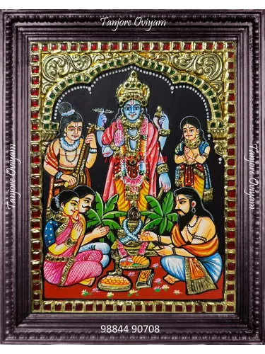 Authentic Sathya Narayana Tanjore painting of Lord Vishnu with devotees performing pooja in traditional gold-embossed artwork.